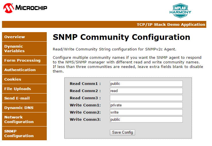 SNMP HTTP Community Configuration Screen